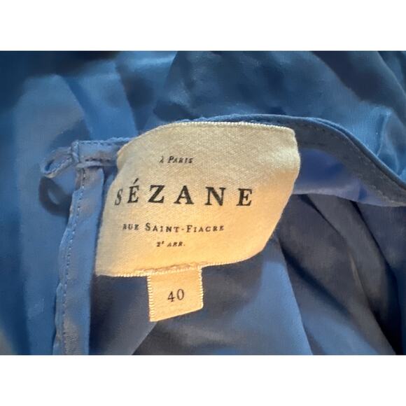 Women 40 US-8 Sezane Blue Silk Short Sleeved Blouse Shirt Top Keyhole Back - Picture 6 of 7